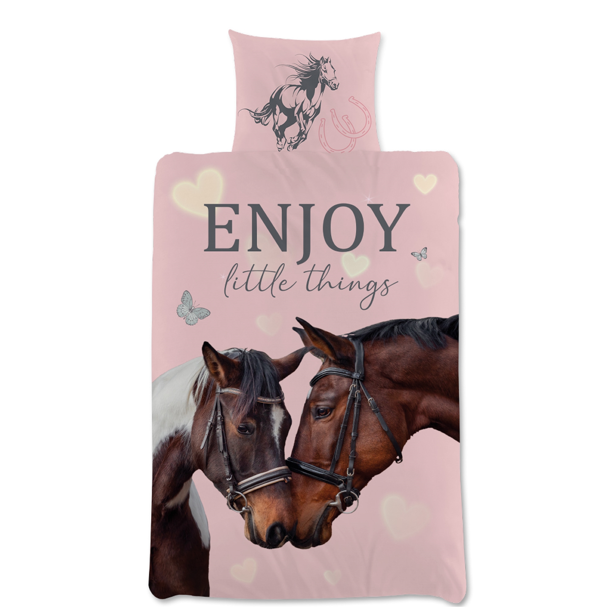 Hästsängkläder - 100% bomull - Barnsängkläder 140x200 cm - Ljusrosa med två hästar