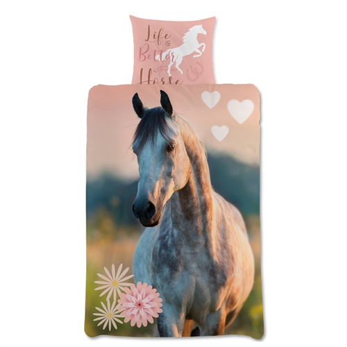 Häst sengetøy 140x200 cm - Vackert romantiskt hästmotiv - 100% bomullssängset