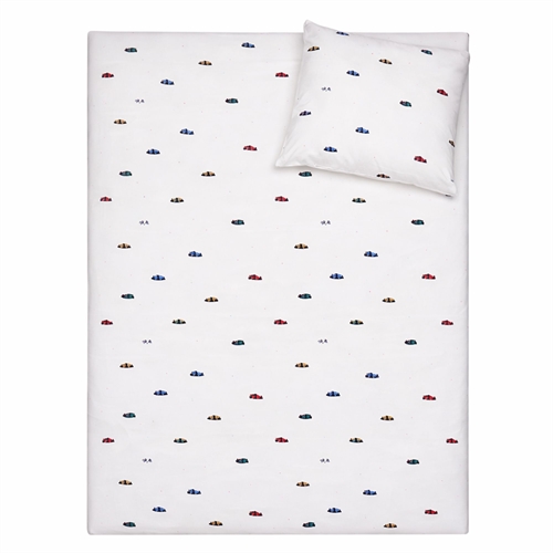 Racerbil sängkläder - 100% bomull - Babysängkläder 70x100 cm - Vitt med racerbilar