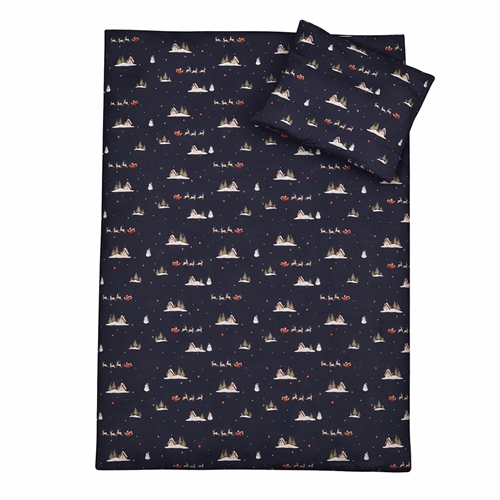 Julsängkläder - 100% bomull - Junior sängkläder 100x140 cm - Mörkblå med jultomtar och renar