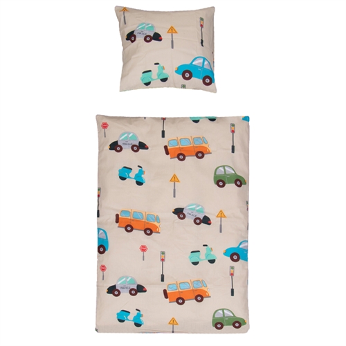 Baby sengetøy 70x100 cm - Biler, lyssignaler & skilt - 100% myk bomull - Sengetøy med biler