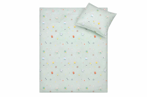 Baby sängkläder 70x100 cm - Blått sängset med små robotar - 100% mjukt bomullssänglinne