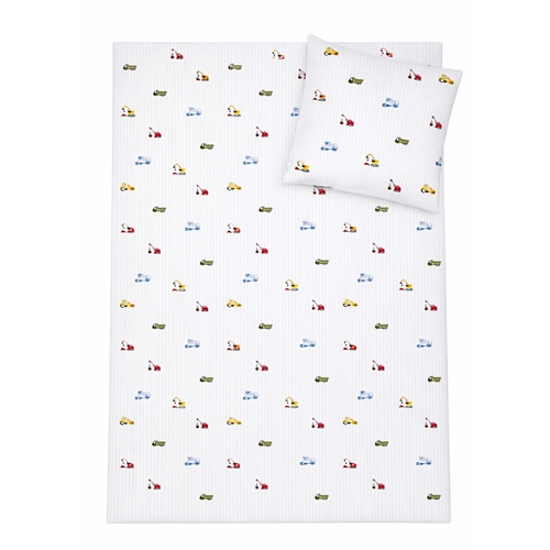 Randigt babypåslakan med arbetsmaskiner - 100% bomull - Babysängkläder 70x100 cm - Vitt med blå ränder och arbetsmaskiner